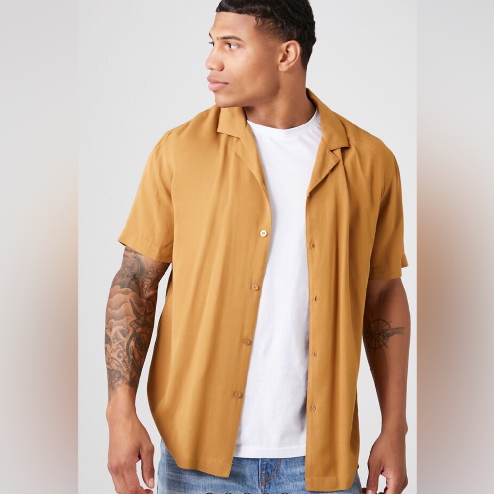 New Forever 21 Light Brown Button Down Short Sleeve Shirt Size XXL Rayon NWT